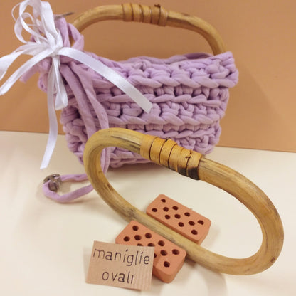 coppia manici bamboo forma ovali maniglie per borsette accessori fai da te uso chiusure borse uncinetto artigianali fatte a mano con fettuccia cordini cordoncini rafia tessuto feltro velluto