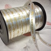 nastro uso bomboniere fai da te e confettata in carta stampato scritta dorata Battesimo simboli