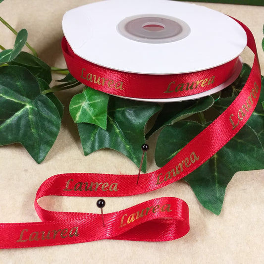 nastro raso rosso scritta dorata stampato laurea fai da te bomboniere decorazioni packaging confezioni regalo laureato aprifesta segnaposto