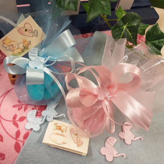 offerta 1 euro bomboniere nascita babyshower battesimo confezionate sacchettini con carrozzina baby colori pastello per bimba femminuccia celeste maschio azzurro