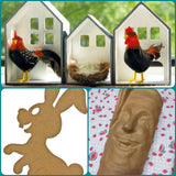 Decorazioni vetrine pasquali oggetti materiali allestimento maxi carota di cartone da dipingere coniglio mdf da decorare casa di legno con galli di piume pollaio