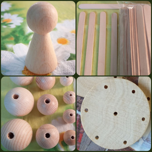 negozio oggetti di legno decorazioni per lavoretti creativi bambini attività manuali Hobby artigianali palline cerchio bastoncini cono bambola