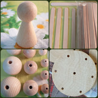negozio oggetti di legno decorazioni per lavoretti creativi bambini attività manuali Hobby artigianali palline cerchio bastoncini cono bambola