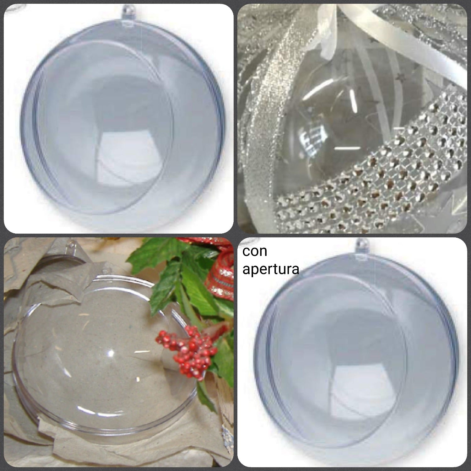palline plastica trasparente apribili divisibili sfere aperte Natale uso decorare riempire con divisori idea addobbi argento