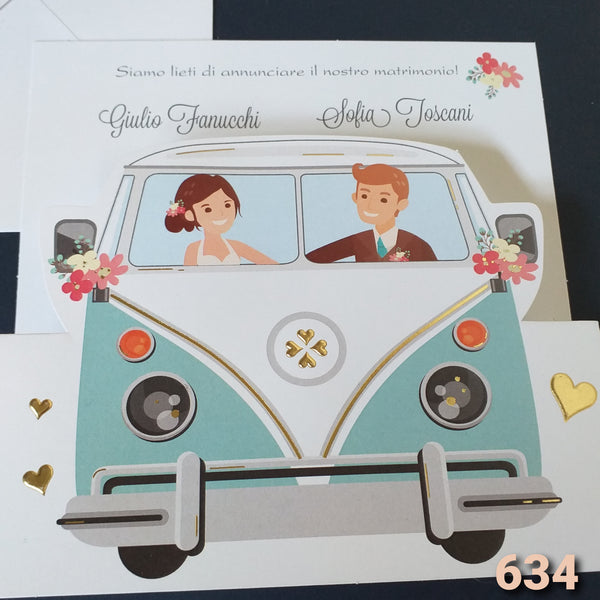 mitico pulmino sposi partecipazioni matrimonio economiche shop online inviti fai da te originali e stampati biglietti annuncio nozze 3D 