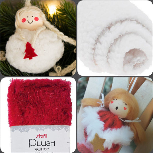 tessuto pelliccia sintetica stoffa da hobby creativi pelo corto liscio rosso glitter plush ricciolini agnellino bianco idee fai da te angioletto bambola albero natale e pigottina angelo cantante con stellina