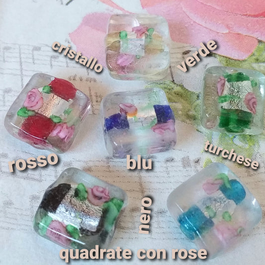 cristallo verde rosso blu turchese nero colori perle di vetro stile murano pietre quadrate dado piatto con rose