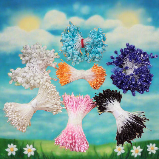 pistilli fiori finti artificiali hobbistica bomboniere fatti di perle bianche colorate gialli rossi accessori stami uso hobby fai da te composizioni pasquali natalizie biedermeier centrotavola fioristi
