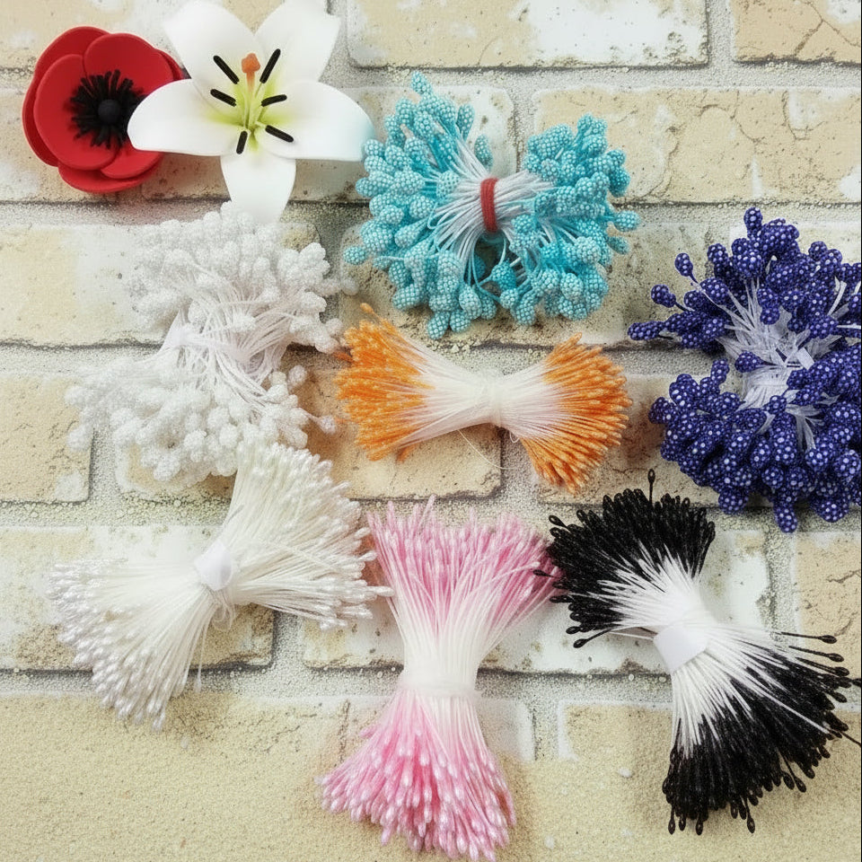 pistilli fiori finti artificiali hobbistica bomboniere fatti di perle bianche colorate gialli rossi accessori stami uso hobby fai da te composizioni pasquali natalizie biedermeier centrotavola fioristi