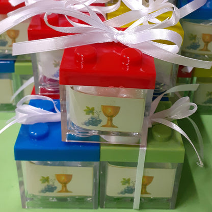 simil-lego scatoline portaconfetti mattoncini plexiglass bomboniere confezionate per Prima Comunione e Cresima nastro bianco