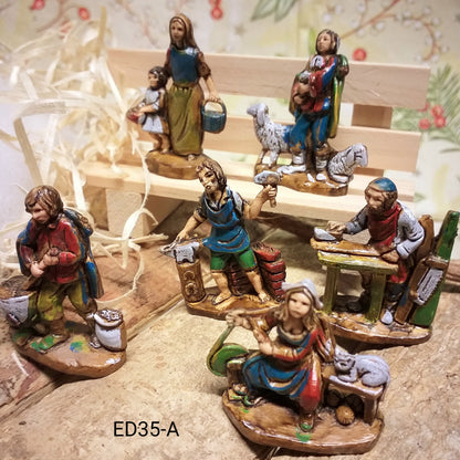 figure mini stock 6 pastori statuine piccole Presepe economiche tipo legno effetto policromo contadini filatrice falegname maniscalco pastore pecore contadini