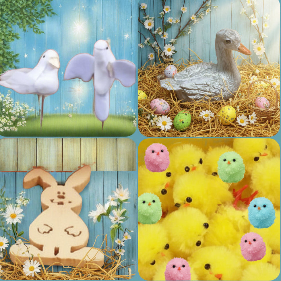 shop negozio vetrina Pasqua fai da te addobbi pulcini di ciniglia gialli papera colombine coniglietto per decorazioni hobbistica vetrinistica packaging uova cioccolato pasticceria