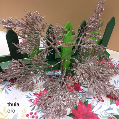 thuia rami finti innevati ghiacciati con glitter oro di pino abete piante artificiali natalizie decorative botanica Renkalik Natale uso composizioni fiori centrotavola ghirlande decorazioni addobbi fai da te