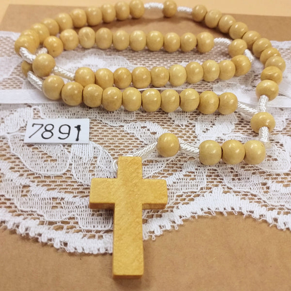 Croce legno chiaro stile francescano perle Rosario bomboniera sacra religiosa Prima Comunione Santa Cresima Santo Giorno collana perline su corda