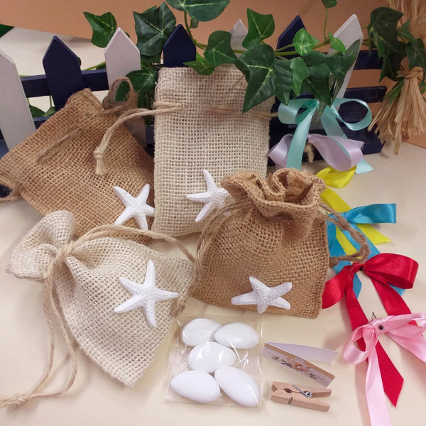 Sacchetti bomboniere mare portaconfetti juta corda e gessetti