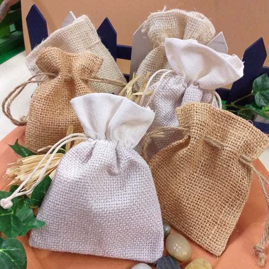 Sacchetti juta grezza sacco beige bianca portaconfetti bomboniere fai da te con corda uso per confezionamento sacchettini matrimonio comunione laurea packaging enogastronomia semi di piante