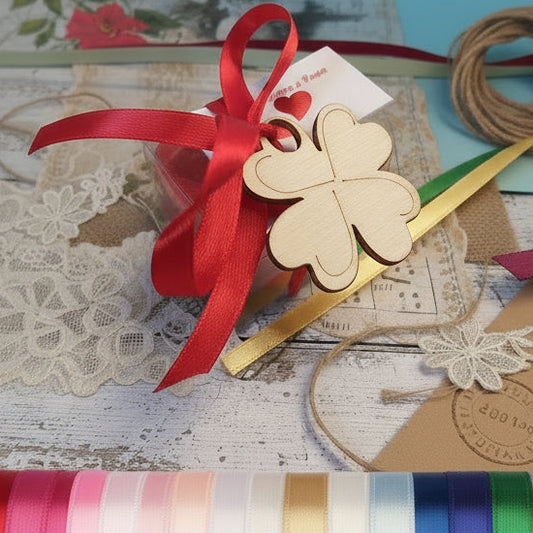 Quadrifoglio legno ciondolo portafortuna scatoline bomboniere segnaposto aprifesta matrimonio rosso laurea