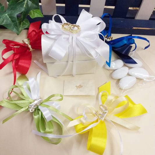 scelta colori cofanetti scrigno forziere astuccio scatoline portaconfetti matrimonio con fedi dorate nastro bianco, Calice Comunione, Mitria Cresima 50 anni confetti e bigliettino