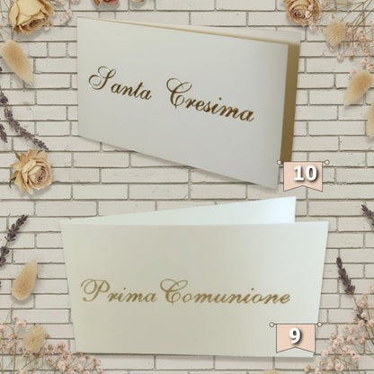 scritta oro a caldo bigliettini bomboniere e confetti per Prima Comunione Santa Cresima da stampare fai da te o stampati