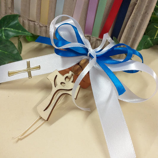Bianco blu cordino perline legno Croce Tau francescana portachiavi segnaposto bomboniere Comunione Cresima colori bambino bambina nastri fiocco coccarda sticker etichetta simboli Calice