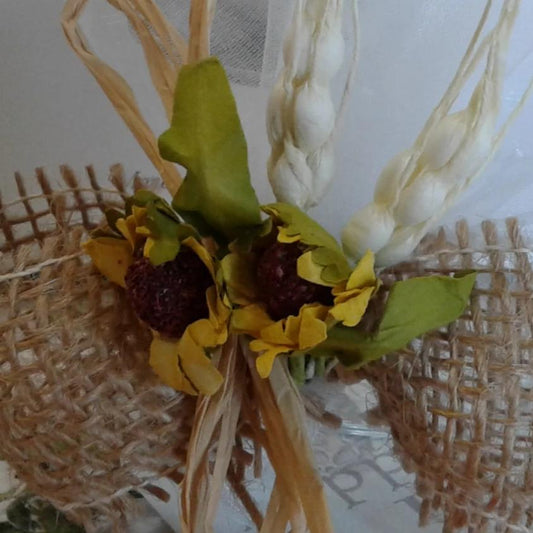 dettagli segnaposto matrimonio Comunione Cresima di iuta 2 girasoli spighe 1 confetto