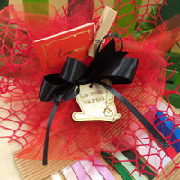 scelta colori segnaposto sacchetto a rete rosso portaconfetti bomboniera confezionata confetti con ciondolo legno applicazione la mia laurea calamaio pirografia nastro colore nero bigliettino targhetta su clip mollettina