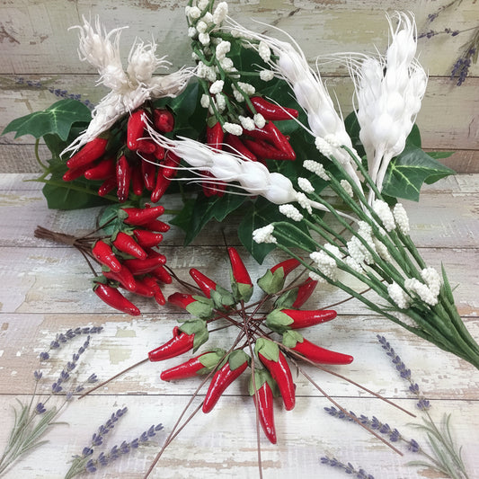 Decorazioni fiori fai da te bomboniere spighe grano carta naturali nebbiolina peperoncino uso per composizioni floreali pasquali confezionamento packaging regali chiudipacco enogastronomia