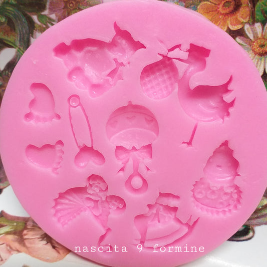 carrozzina piedini orme spilla cicogna giocattoli stampi in silicone per gesso polvere di ceramica paste modellismo uso creare gessetti bomboniere nascita neonato bebè primo compleanno bimbi