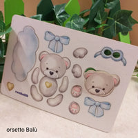 orsetto Balù azzurro bimbo maschietto pannello sweet wood cartone vegetale orso bimbo fustellati da staccare per creare pupazzi e decorazioni bomboniere nascita battesimo