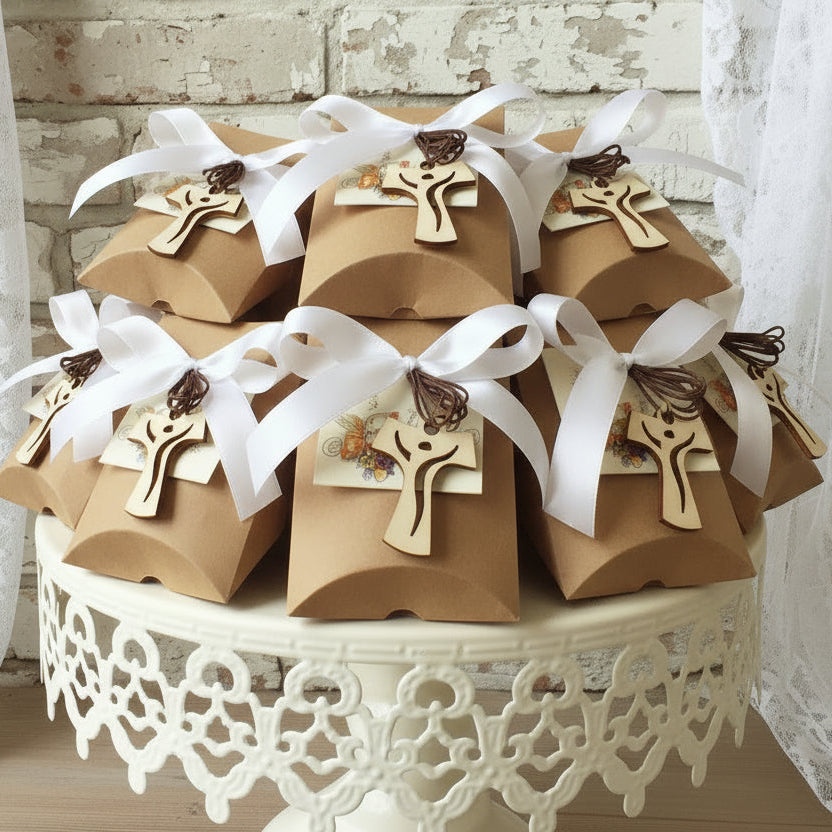 torta scenografica di confetti con Tau Croce legno ciondolo collana cordoncino marrone bomboniera Prima Comunione Cresima da confezionare con bustina cannetè onda avana beige bigliettino