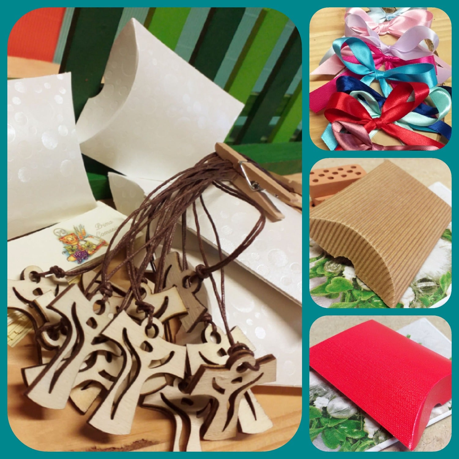 kit fai da te bustine Tau Croce legno ciondolo collana cordoncino marrone bomboniera Santa Cresima Prima Comunione confezionata confetti bigliettino nastro coccarda bianco