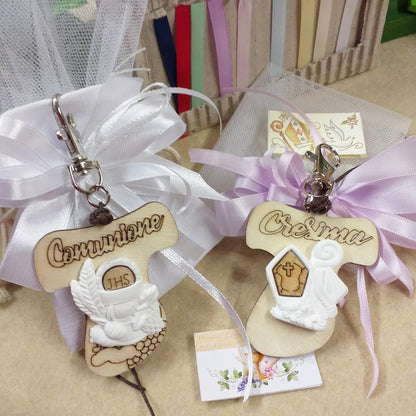 bianco e lilla glicine Croce Tau grande legno pirografia simboli Comunione Cresima applicazione gesso calice spighe uva Mitria pastorale versione portachiavi cordino moschettone gancio confezionata sacchetto bianco nastro shabby chic confetti tulle bigliettino tag personalizzato stampato