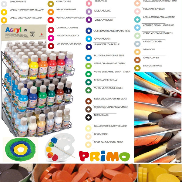 PRIMO Morocolor, 14 Colori acrilici fluo e metal in blister da 4,5 ml, Colori intensi e luminosi, Tempere coprenti e permanenti, Interagiscono bene con additivi e vernici, pennello incluso PRIMO Morocolor, 14 Colori acrilici fluo e metal in blister da 4,5 ml, Colori intensi e luminosi, Tempere coprenti e permanenti, Interagiscono bene con additivi e vernici, pennello incluso