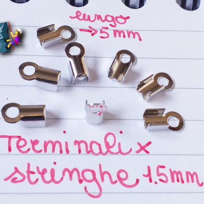 terminali capocorda 5 mm chiusure per cordini cordoncini lacci bigiotteria metallo argento minuterie collane bracciali per stringhe 1.5 mm