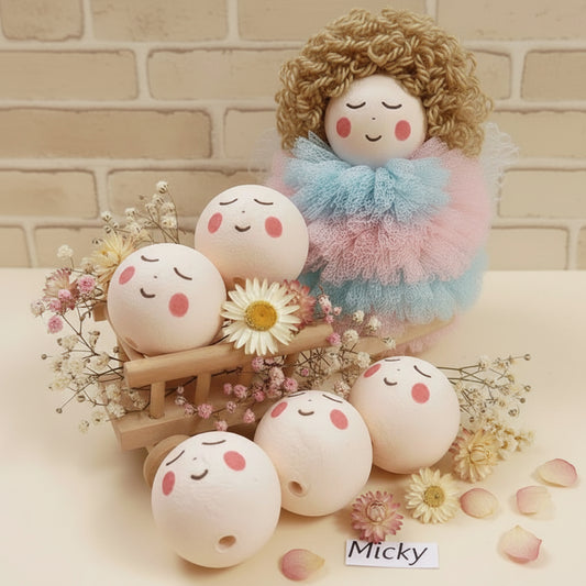 Micky testine bambole nomi angelo custode angioletti visi faccine 25 mm ovatta teste dipinte facce disegnate colore pelle tinta carne
