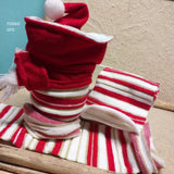 tubolari fondo bianco righe rosso oro Natale maglia tessuto elastico stoffa ad uso fai da te composizioni natalizie centrotavola fuoriporta gnomi bambole addobbi decorazioni