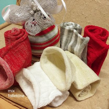tessuto mix follettine tubolari maglina lurex rosso oro bianco righe argento elasticizzati uso per bambole angioletti gnomi del bosco albero Natale decorazioni casa addobbi giardino natalizi