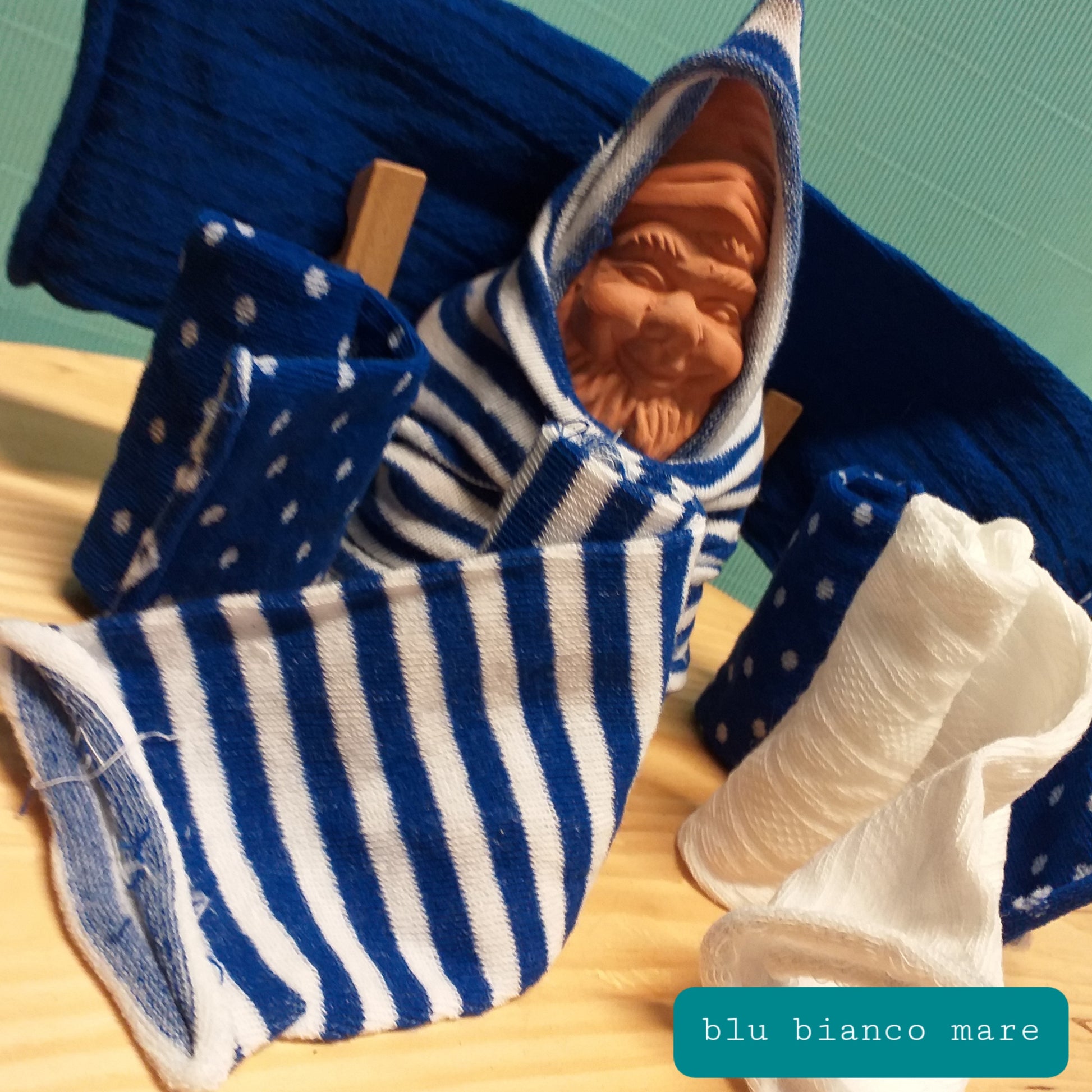 pasquali marinaro blu bianco accessori tubolari maglina Stafil elastici cucito creativo per bamboline uova sfere palline albero gnomi elfi del bosco e natale