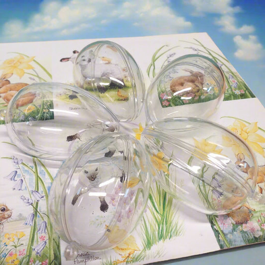 uova plastica plexiglass apribili divisibili trasparenti da riempire e decorare decoupage pasquali tovagliolo pecora coniglietti fiori