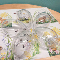 uova plastica plexiglass apribili divisibili trasparenti da riempire e decorare decoupage pasquali tovagliolo pecora coniglietti fiori
